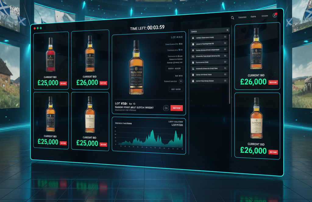 Premium whisky bottles and auction catalogs showcasing record-breaking sales